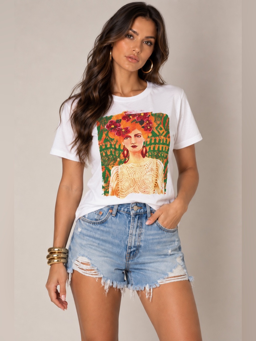 Zara White Short Sleeve Graphic Tee with Orange & Green Portrait Print